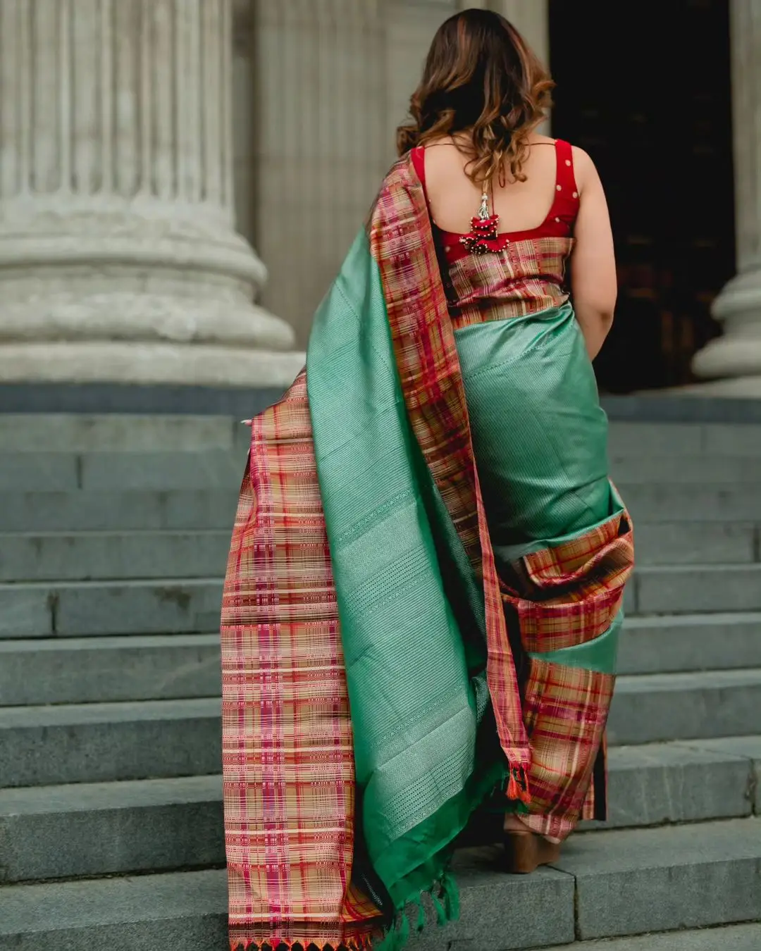 Sneha Wearing Beautiful Earrings Jewellery Green Saree Maroon Blouse